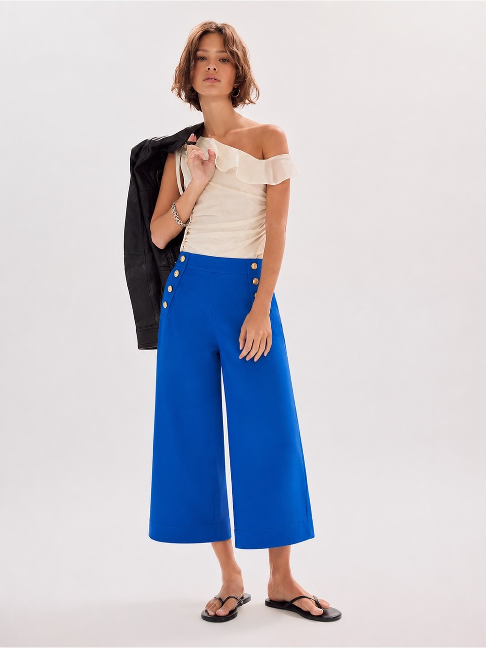 Jules & Leopold Cobalt Blue Wide Leg Pants Size L Gold Button Culotte